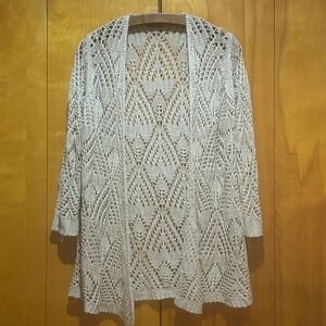 Open Front Cardigan Open Knit Crochet Beige Womens Medium Boho Cottagecore